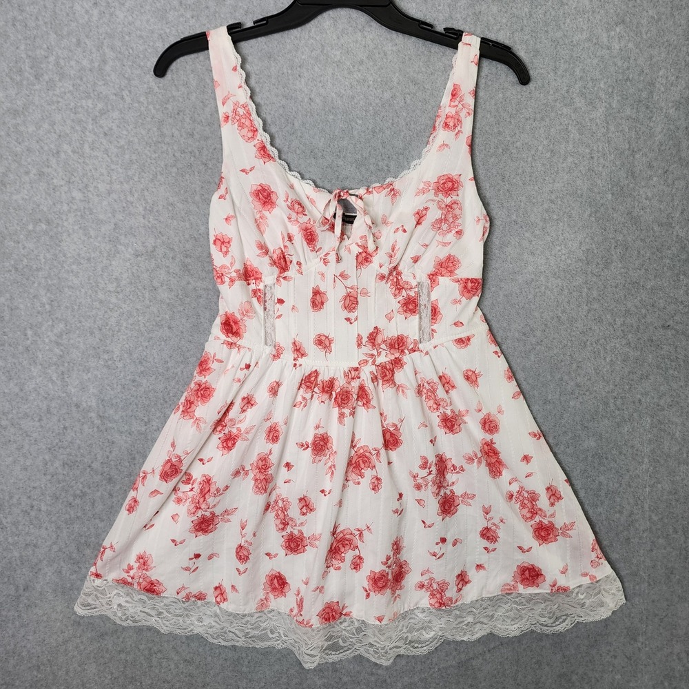 White Red Rose Floral Rose Mini Dress Women XL Lace Trim Coquette Cottagecore